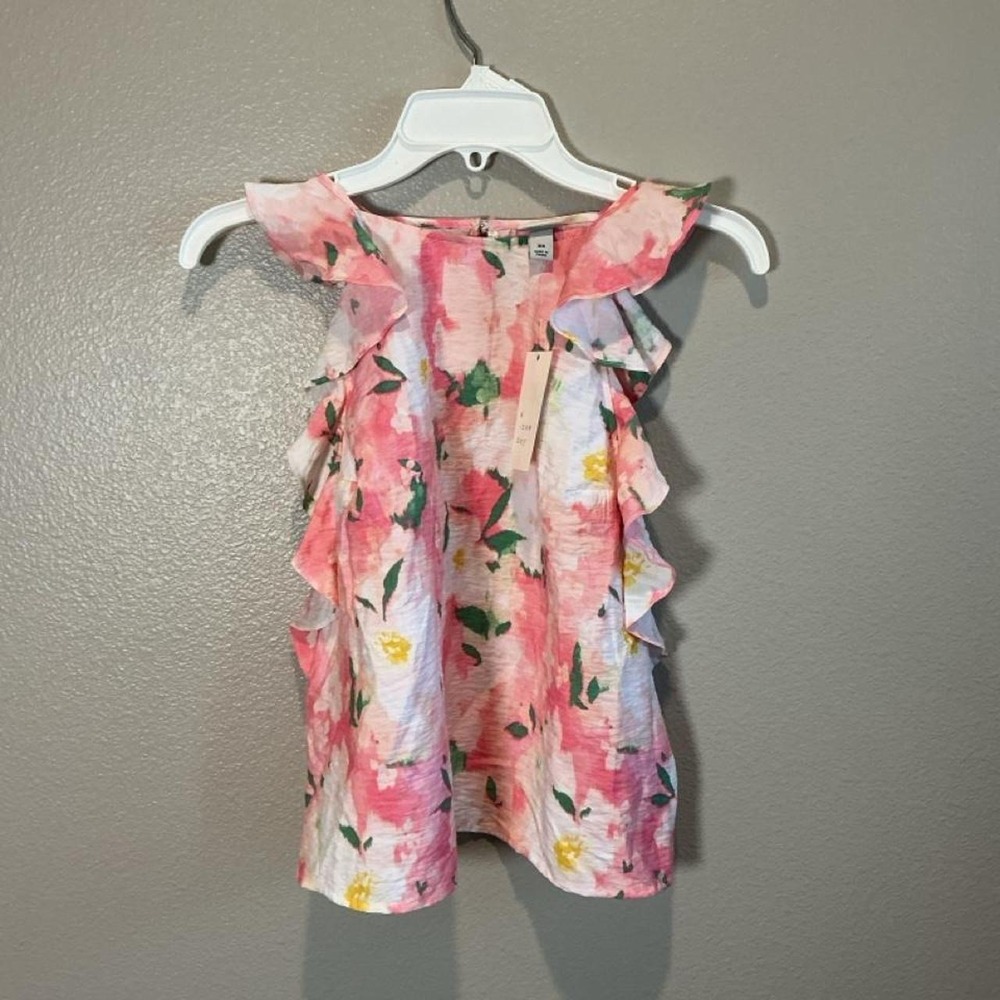 A New Day Pink Floral Ruffle Sleeveless Top XS Watercolor Print Keyhole Back NWT